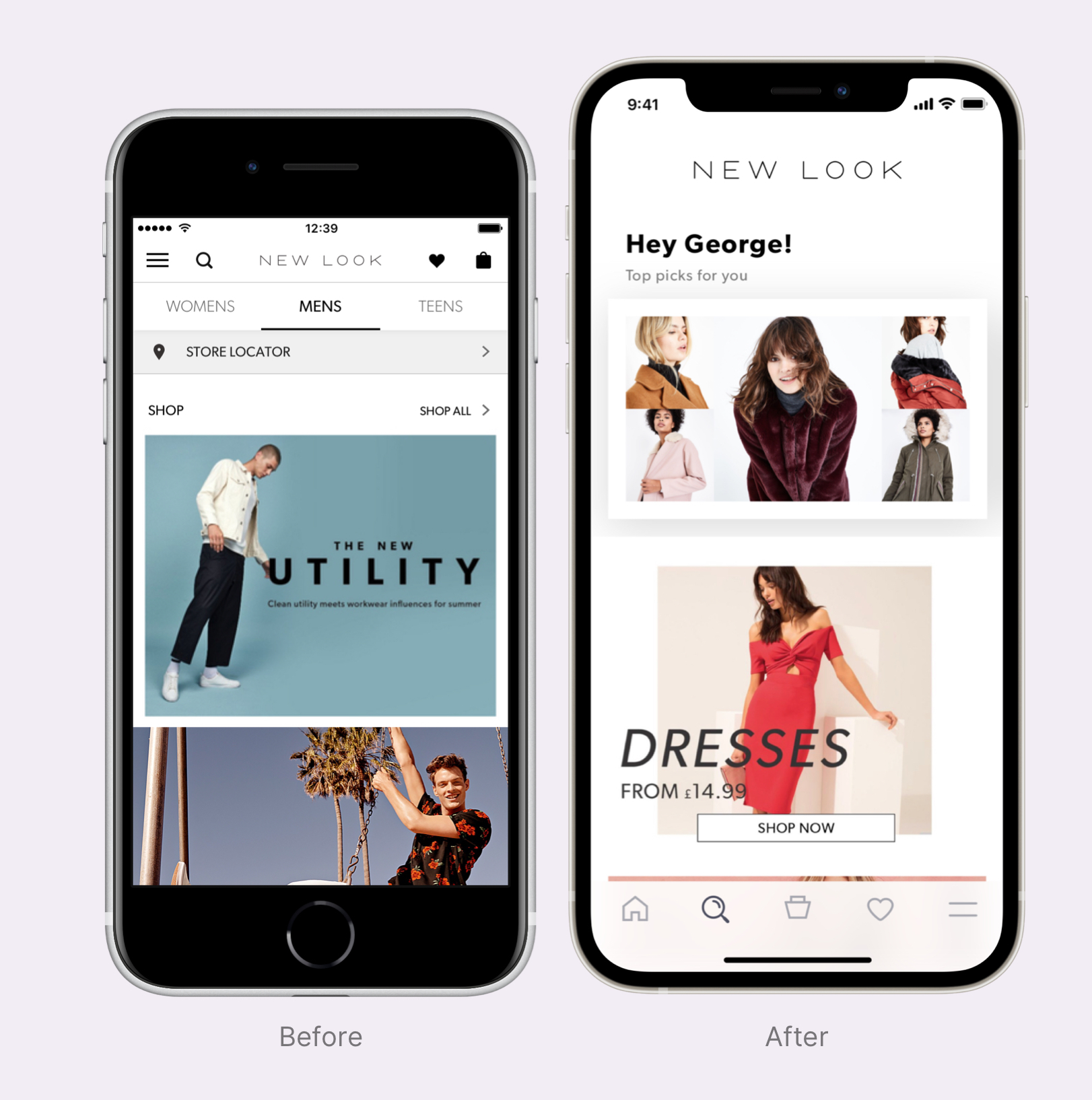The old New Look iOS app displayed on an iPhone SE 2 frame next to the new New Look app displayed on an iPhone 12 frame, on a lilac background